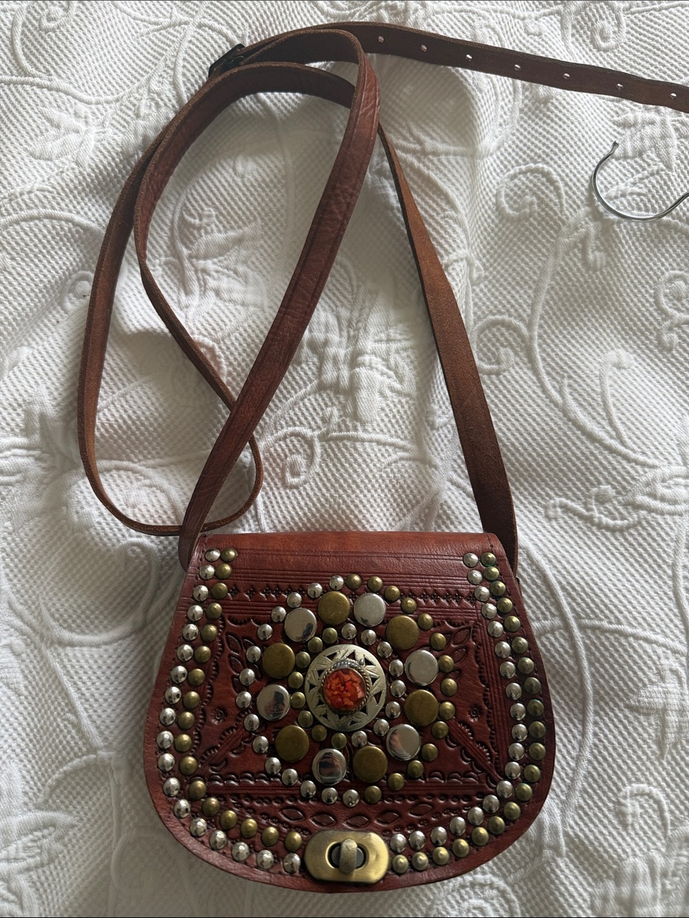Brown Leather Crossbody Bag with Stud Accents - Picture 6 of 8